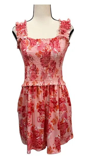 Deep self | Floral Pink Smocked Romper with Ruffle Straps thumbnail 1