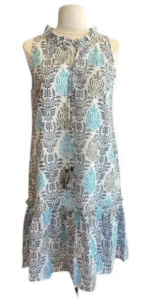 Fitzroy & Willa Sleeveless Navy & Turquoise Floral With Tassel Tie Neckline S thumbnail 1