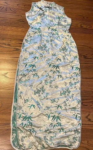 Vintage Sleeveless Cheongsam Qipao Dress White Green Floral Bamboo Print thumbnail 1