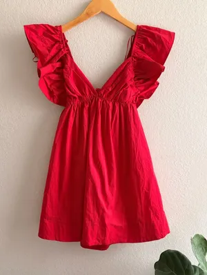 NWT Day + Moon Women's Red Mini Dress with Ruffle Sleeves and Tie Back Size S thumbnail 1