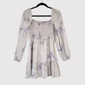 Aritzia Babaton Dress Gray Mini Floral Organic Linen Smocked Babydoll Boho Small thumbnail 3