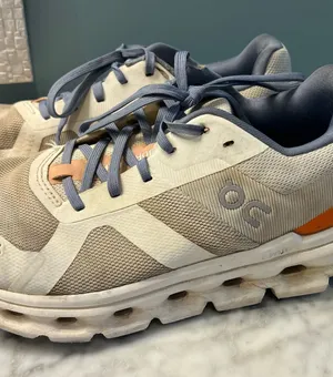 On Running Men's Athletic Shoes in Light Gray with Navy and Orange Accents thumbnail 1