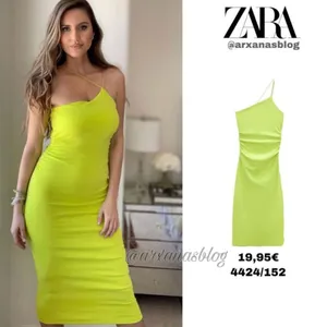 Zara NWT Lime Green Asymmetric Bodycon Midi‎ Dress thumbnail 2