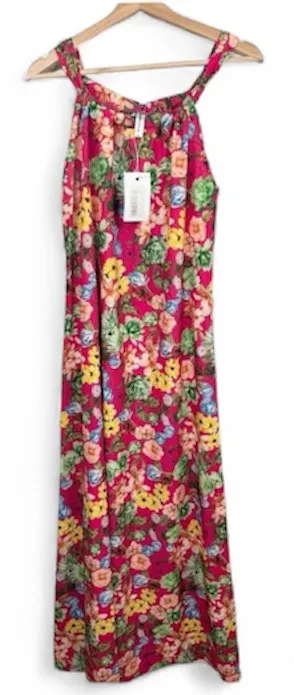 Anastassimo Maxi Dress Size M Pink Floral Print Gathered Neckline Vibrant thumbnail 1
