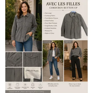 Avec Les Filles Top Womens L Gray Corduroy Long Sleeve Button Up Anthropologie thumbnail 4