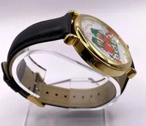 Vintage Christmas Watch Gold Tone Genuine Leather Band Holiday Elves New Battery thumbnail 4