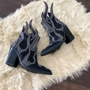 Black Silver Glitter Rhinestone Flame Pattern Cowgirl Ankle Boots US 7 / 7.5 thumbnail 5