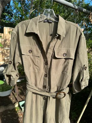 NWOT Zara Utility Jumpsuit Small S Olive Green Belted Safari Cargo Romper thumbnail 1