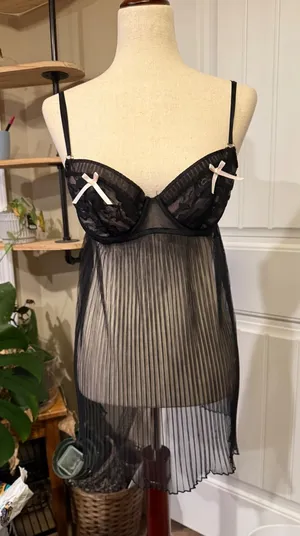 Ambiielle Black Lace Trim Pleated Mesh Babydoll Chemise‎ Lingerie M thumbnail 1