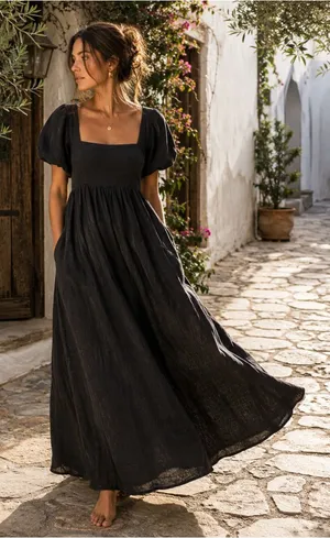 A. REN Candace Linen Maxi Dress Washed Black Puff Sleeve Smocked Back M thumbnail 1