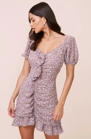 ASTR Shirred Ruffle Mini Dress Teal & Purple Ditsy Floral thumbnail 1
