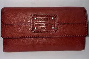 Fossil Red Leather Wallet Long Live Vintage Cards Cash Coin Checkbook Zip & Snap thumbnail 1