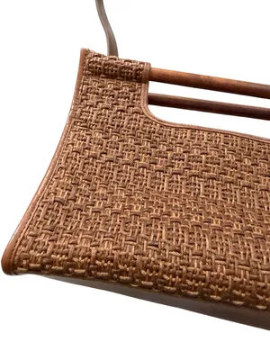 Fossil 75082 Brown Woven Raffia Tote Wood Handle Crossbody Bag One Size Women's thumbnail 3