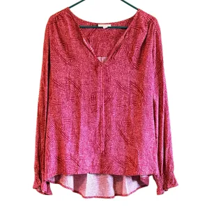 Knox Rose XL Pink Abstract Print Boho Tie V-Neck Blouse Long Sleeve Peasant Top thumbnail 2