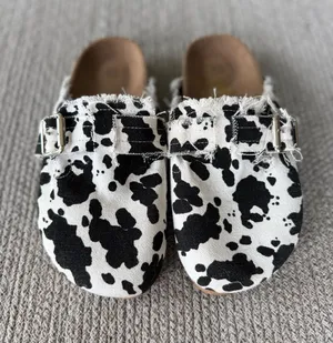 Cow Print Canvas Slip On Slides Mules Clogs in Black and White Size 38 thumbnail 1