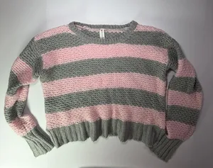 Aeropostale Pink and Gray Striped Cropped Crewneck Sweater thumbnail 1
