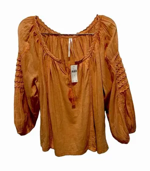 Anthropologie Peasant Blouse Crochet Trim Long Sleeve Boho Mango Top M thumbnail 1