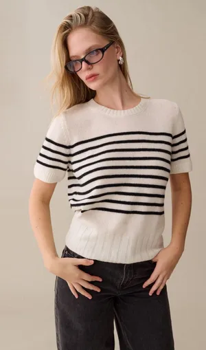 NWT Few Moda Arielle Cashmere Sweater size Small S CAARA Black Cream Stripe thumbnail 1