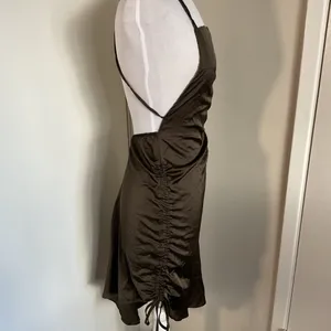 CBR Brown Satin Halter Backless Dress Side Tie Asymmetrical Medium thumbnail 8