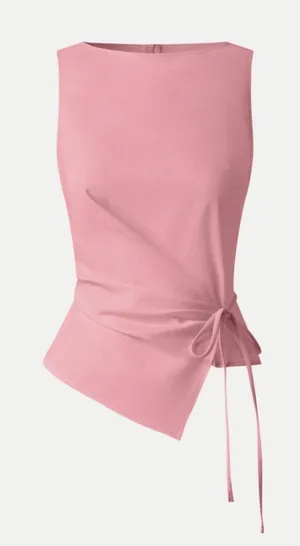 OGL Women Pink Lyocell Linen Blend Boatneck Waist Defined Asymmetric Top M thumbnail 1