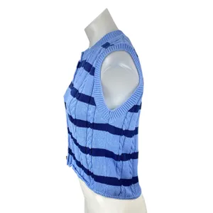 Zara Women's Blue Stripe Cable Knit Sleeveless Button Up Tank Sweater Vest Top S thumbnail 3