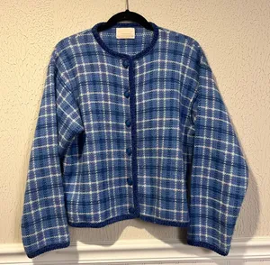 Pendleton Country Sophisticates Wool Blend Blue Plaid Cardigan Sweater size S thumbnail 1