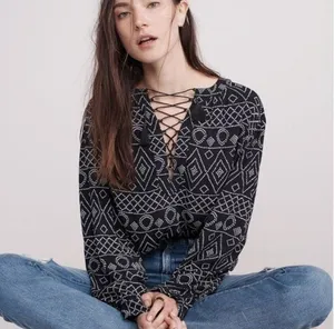 Madewell Lace Up Peasant Caravan Print Black Tassel Tie Top S thumbnail 1