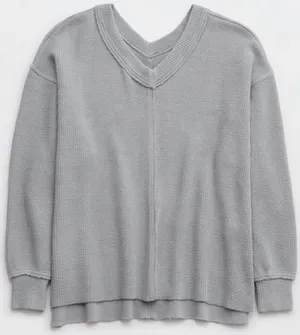 Aerie Wonder Textured V-Neck Sweater Size Medium Gray Ribbed Oversized thumbnail 1