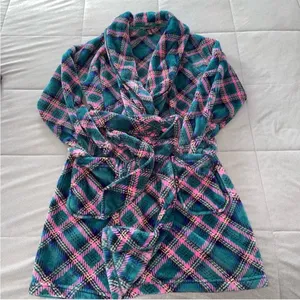 NEW Victoria's Secret Cozy Plush Short Robe Jade Plaid Womens Size Medium Large thumbnail 4