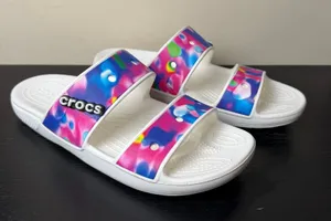 Crocs Classic Tie Dye Sandals White Multi Color Double Strap Slides Womens 11 thumbnail 1