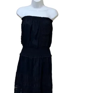 Elan Black Strapless Smocked Waist Crochet Lace Tiered‎ Maxi Dress Small Boho thumbnail 5
