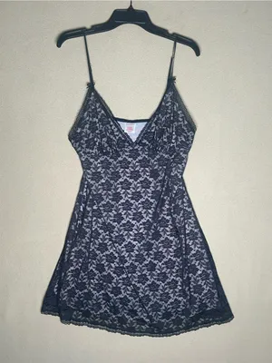 Black Lace Overlay V-Neck Chemise Slip dress - Lingerie fully lined Large thumbnail 1