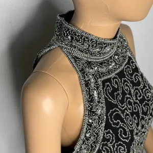 Vintage 1980s Papell Boutique Black Silver Beaded Silk Evening Top Small thumbnail 9