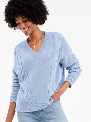 Charter Club Soft Blue 100% Cashmere Cable-Knit V-Neck Sweater Size Medium thumbnail 1