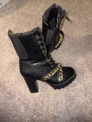 Forever Black Lace-Up Combat Boots with Gold Chain Accent size 7 thumbnail 2