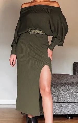 Lulus City Street Chic Olive Green Off-the-Shoulder Midi Dress size XS thumbnail 1