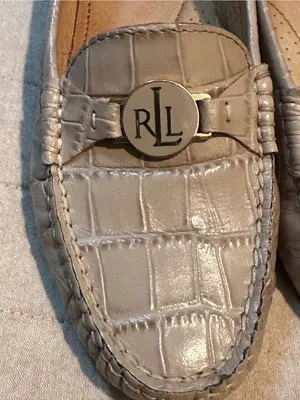 Ralph Lauren Taupe Croc-Embossed Leather Loafers with Gold RL Medallion thumbnail 2