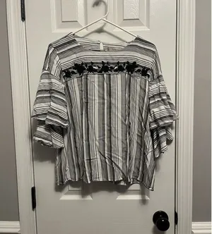Loft Women Large Striped Floral Embellished Blouse 3/4 Ruffle Sleeve Top Black thumbnail 1