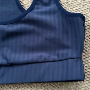 Like New Beyond Yoga Work It Over Long Line Sports Bra Navy Stripe XL Retail $70 thumbnail 9