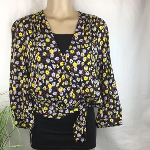 Madewell Black French Moody Dark Floral Wrap Long Sleeve Top S NEW thumbnail 3