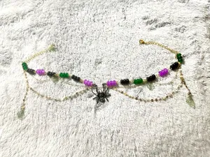 Gold Chain necklace with Purple Green and Black Beads and Spider Charm thumbnail 2