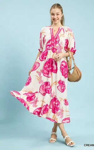 Umgee Floral Print Midi Dress with Contrast Trim - Cream - Small thumbnail 1