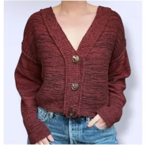 Urban Outfitters‎ Burgundy Cropped Cardigan Sweater Button Down Knit Top XS thumbnail 1