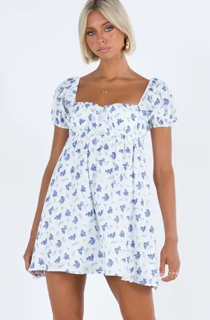 Princess Polly Blue Floral Puff Sleeve Mini Dress Cotton White Tie Back US 8 thumbnail 1