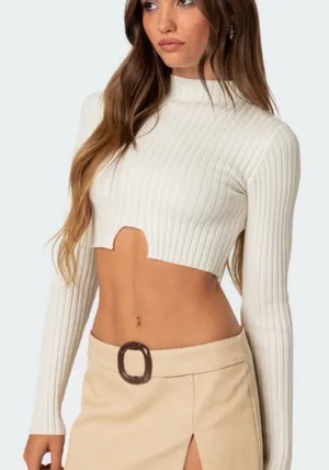 Edikted Cropped Sweater Top Women’s M/L Cream Ribbed Mock Neck Stretch Fall Sexy thumbnail 1