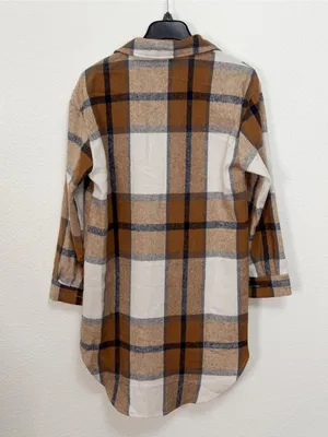 FME Camel Brown Plaid Longline Button Front High Low Shacket Jacket Size M thumbnail 8