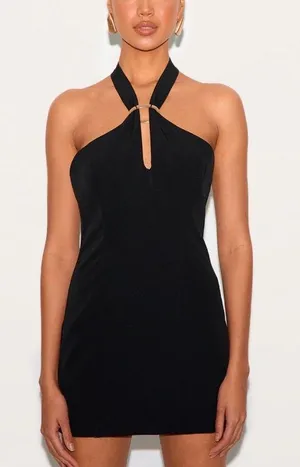 NWT PrettyLittleThing Black Halter Low Back Woven Trim Detail Mini Dress Size 8 thumbnail 1