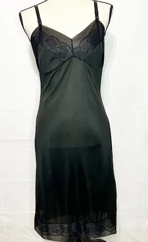 Vintage Movie Star Full Slip Black Nightgown 100% Nylon Lace Hem Sz S Bust: 34” thumbnail 1