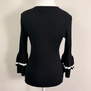 FRAME Black Wool Blend Rib Tiered Ruffle Bell Sleeve Striped Trim Sweater Small thumbnail 3