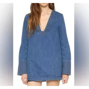 Free People Dreaming Of Denim Hendrix Tunic Oversized Women’s Sz S Denim Blue thumbnail 3